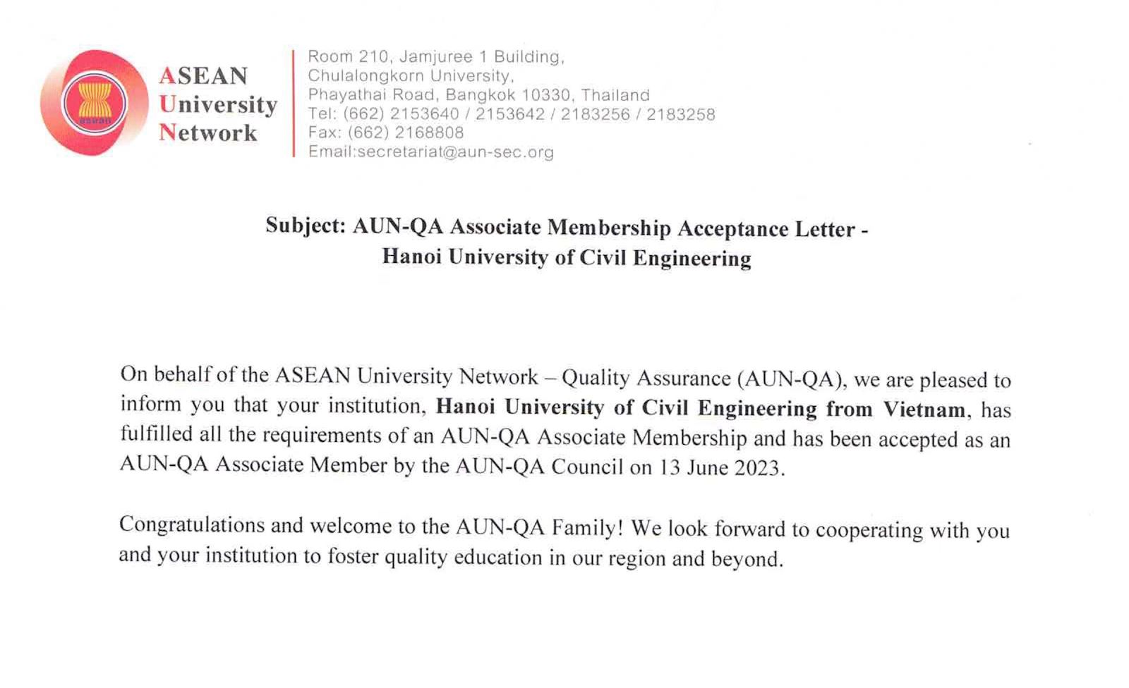HANOI UNIVERSITY OF CIVIL ENGINEERING BECOMES AN ASSOCIATE MEMBER OF THE ASEAN UNIVERSITY NETWORK - QUALITY ASSURANCE (AUN-QA)